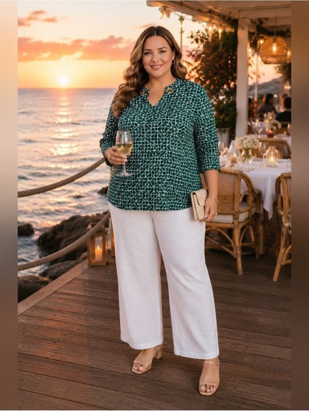 Liz Claiborne Plus Size Green Geometric Tunic Top | Casual 3/4 Sleeve Blouse